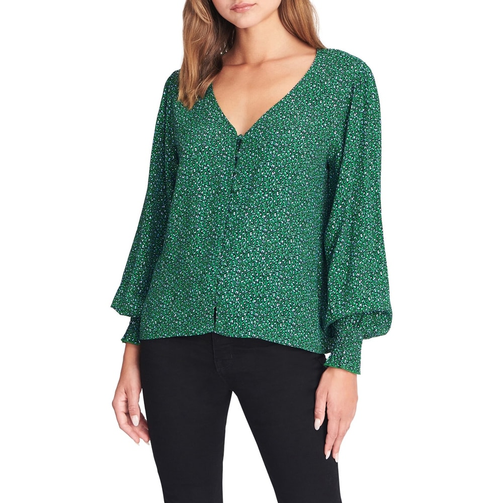 Sanctuary Womens Floral Short Sleeve Peasant Top Green XS